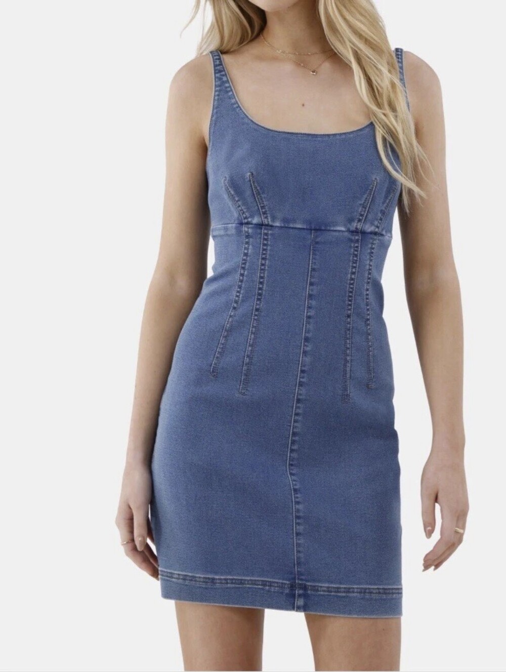 No Boundaries Women's Med Wash Sleeveless  Blue Denim Dress
